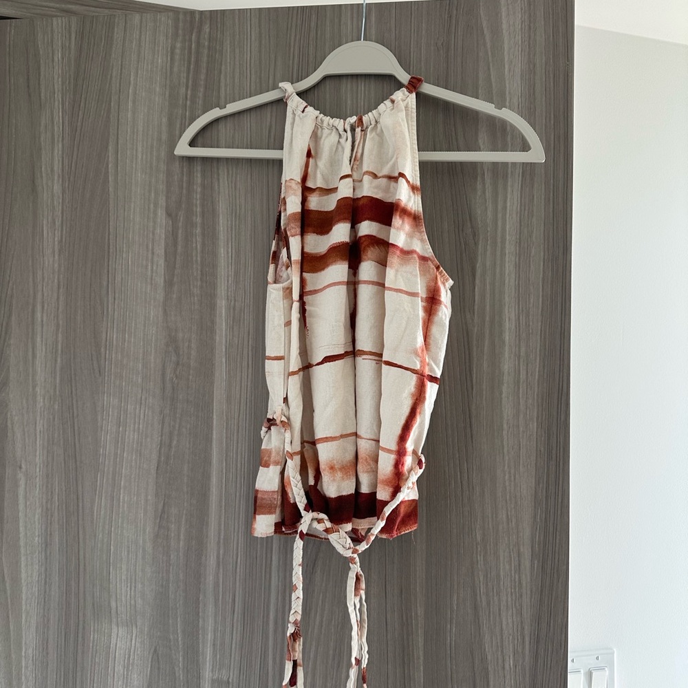 Zara Cream Rust Linen Striped Halter Tie-Waist Tank